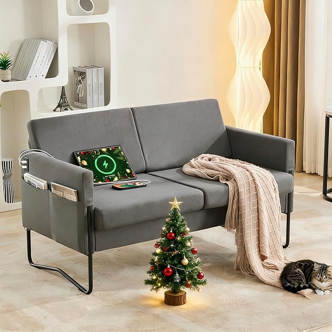 STHOUYN 51” Small Loveseat Sofa for Small Spaces Comfy Grey Couch with 2 USB Ports Modern 2 Person Sofa Loveseats for Living Room Bedroom Mini Teen Office Couch (Dark Grey)