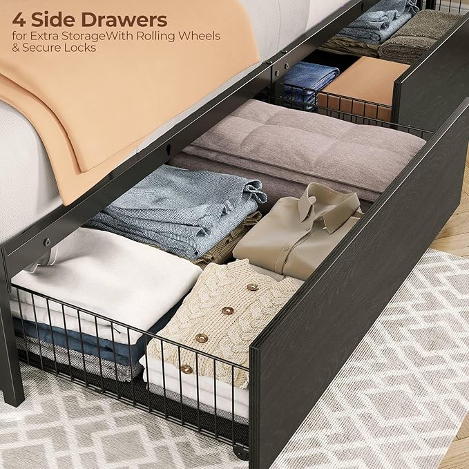Rolanstar Queen Bed Frame with 4 Storage Drawers &amp 2-Tier Storage Headboard Metal Platform Bed Frame with Charging Station &amp LED Lights Noise-Free No Box Spring Needed Easy Assembly Black