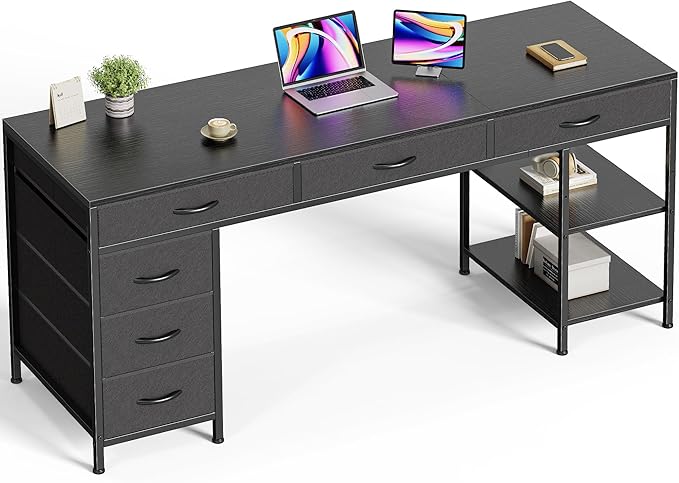 Huuger Computer Desk with 6 Drawers 63 Inch Office Desk with Shelves Reversible Gaming Desk Corner Desk with Storage for Home Office Study Living Room Black