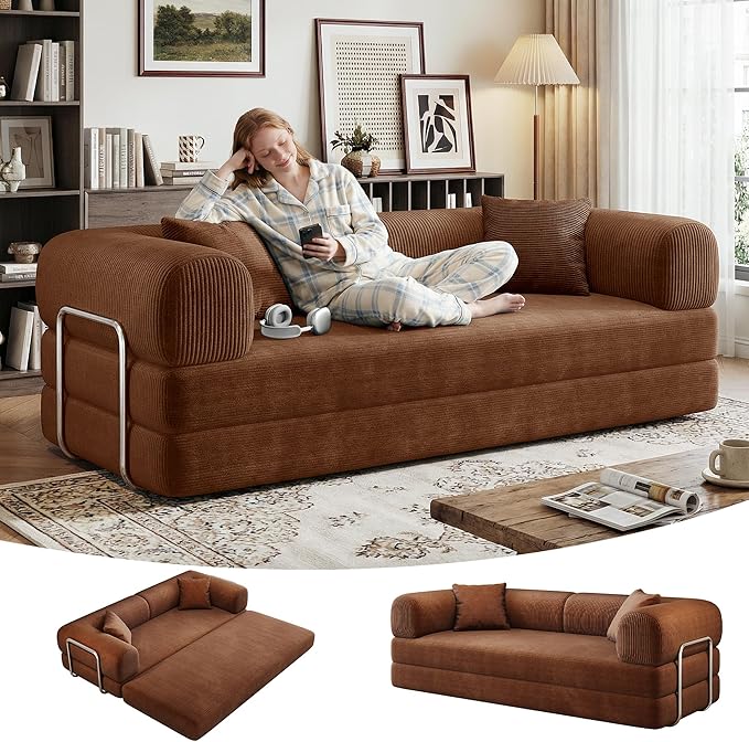 78Inch Compression Sofa 4-in-1 Convertible Floor Sleeper Sofa Bed Folding Sofa Couch with Pillow Support Armrest Cloud Corduroy Foldable Mattress for Living Room Bedroom