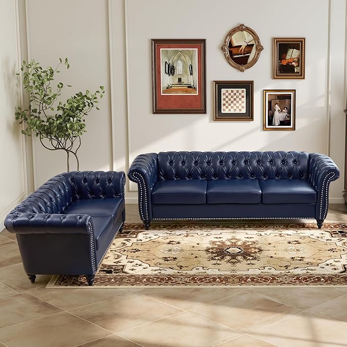 LEVNARY Chesterfield Sofa 3 Seater Tufted Couch for Living Room Classic Button Tufted Upholstered Sofa Modern Mid-Century PU Leather Sofa (Blue)