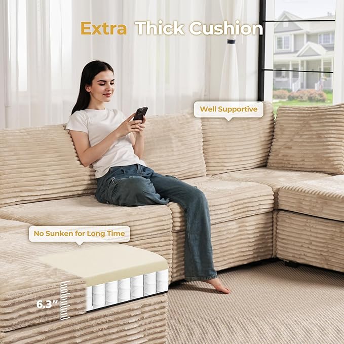 HOOOWOOO Modular Sectional Sofa Couch Matching Ottoman Seat Table Footrest(Beige Velvet Corduroy)