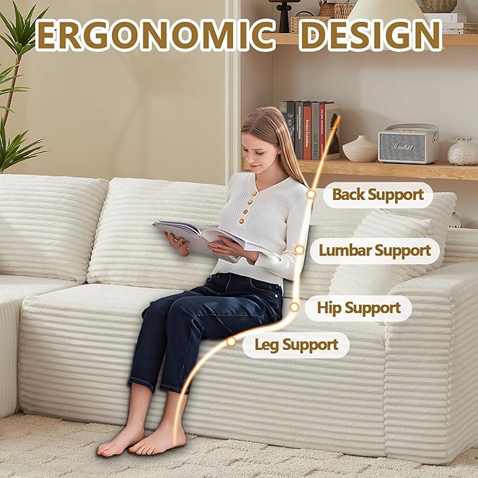 Minimalist Boneless Cloud Couches for Living Room Corduroy L Shaped Modular Sectional Sofa Couch W/Deep Seat &amp High-Back Comfy Memory Foam Couch Sofa in A Box (White Left Facing Chaise)