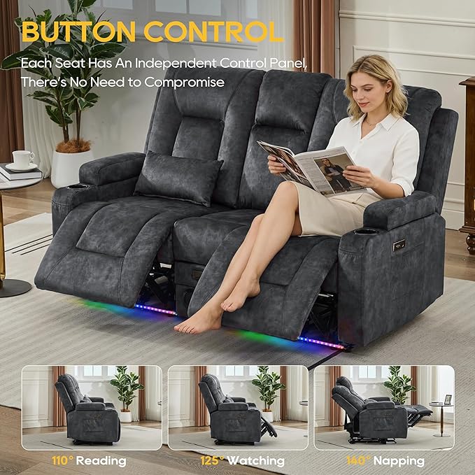IPKIG Power Recliner Loveseat with Console Zero Wall Hugger Sofa Couch Velvet 2-Seater Sofa with LED Lights AC Outlets USB Ports Cup Holders Grey | Storage Drawer Bluetooth Speaker Living Room