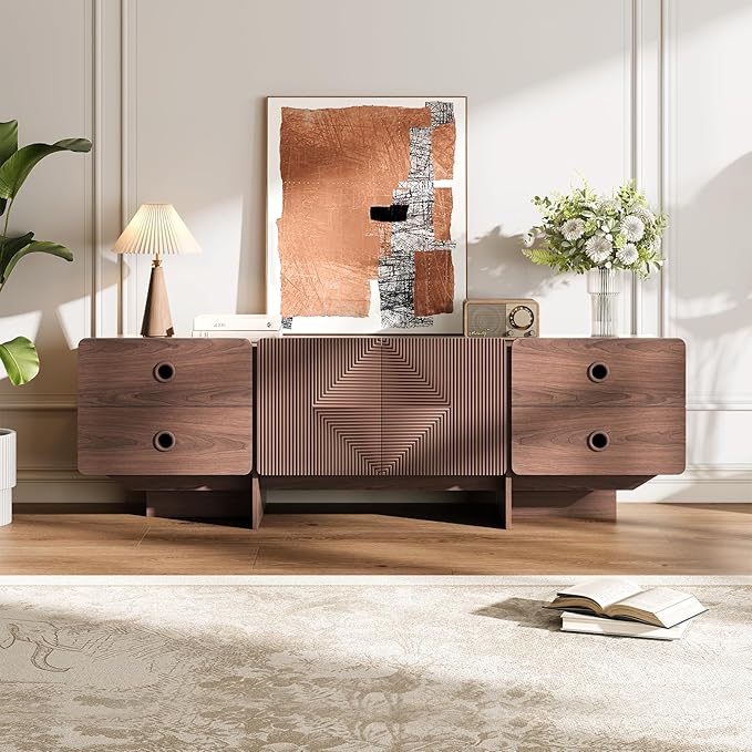 66 Fluted TV Stands for Living Room Mid Century Modern TV Consoles for 75 inch TV Entertainment Center with Storage Media Console with Adjustment Shelf(Walnut)