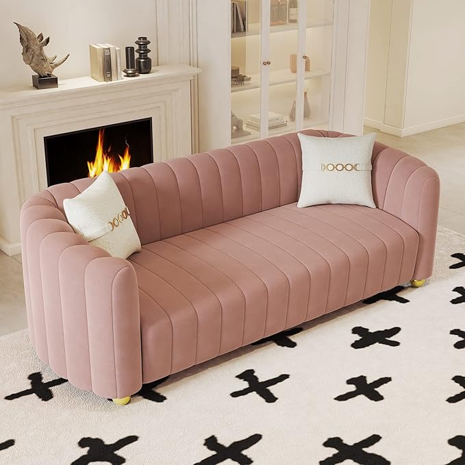 Mid-Century Modern Sofa for Living Room 84 Pink Luxury Velvet Loveseat Sofa Couch Sectional Love Seat Sofa Couch with Gold Legs Upholstered Sofa for Apartment Bedroom Home Office