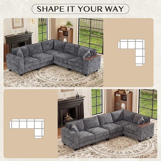 97 L Shaped Sectional Couch Comfy Chenille Sectional Couch Modular Convertible V Shaped Couch 5 Seat Corner Sofa with 2 Pillows &amp Storage Armrests for Living Room Grey