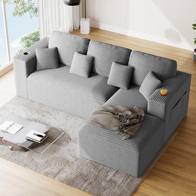 110 Modular Sectional Sofa Cloud Couch Modern Deep Seat Fluffy Corduroy Boneless Couch with Cup Holder Comfy L Shaped Sectional Couches for Living Room Bedroom. (Right Facing Grey)