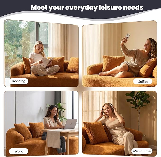 65 Curved LoveseatDeep Seat Cloud Floor Couch with 3 BackrestCozy Chenille FabricSmall Loveseat for Small SpacesBedroomOfficeApartment (Orange 65 Inch)