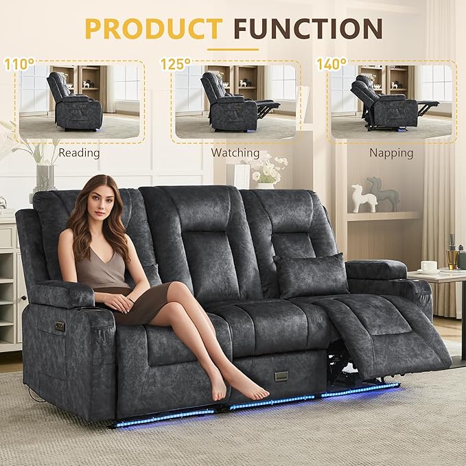 URRED Wall Hugger Power Recliner Sofa RV Double Reclining 3-Seater Couch for Living Room with LED Lights USB Ports Cup Holders and Side Pockets Outlets Drawer Velvet Fabric - Gray