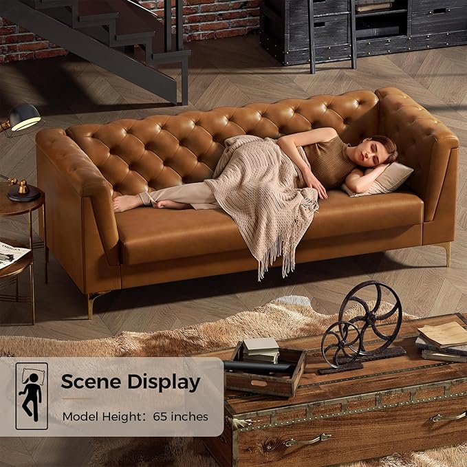 81 Mid-Century Modern Sofa CouchFaux Leather 3 Seater Sofa and Comfortable CushionsComfy Deep Seats Sofa Modern Couch for Living RoomOffice Apartment Small SpaceTool-Free AssemblyBrown