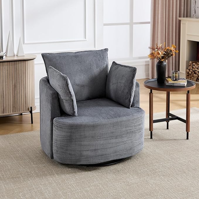 CANMOV Swivel Accent Chair 360°Swivel Barrel Chair with 3 Pillows Comfy Corduroy Round Armchair Single Sofa Chair for Living Room Bedroom Reading Room Dark Grey