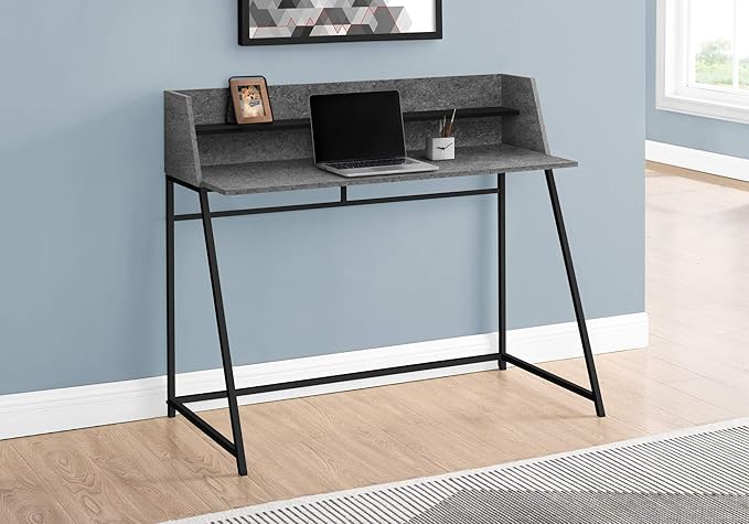 Computer Desk Home Office Laptop Storage Shelves 48 l Work Grey Stone Look Laminate Black Metal Contemporary Modern NY258