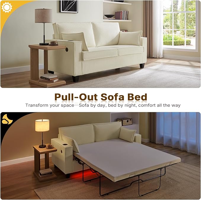 2-in-1 Pull Out Sofa Bed 88 Queen Size Sleeper Sofa Corduroy Convertible Loveseat Sleeper for Living Room Guest Room Apartment Home Office (Beige)