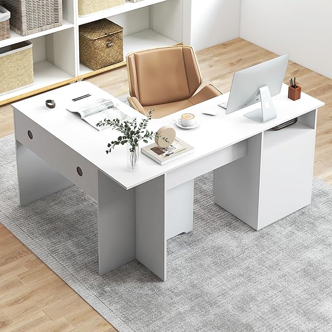 Tangkula 59” L-Shaped Desk with 2 Storage Drawers Corner Computer Desk with File Drawer &amp Open Shelf Computer Workstation with 2 Cable Management Holes Space-Saving Executive Office Desk (White