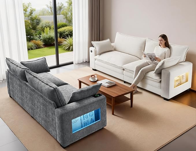 80 Cloud Sofa Loveseat for Living Room 2-Seats Couches with Wide Armrest Storage Charging Station Led Lights Modern Chenille Fabric Sofa for Small Space Grey