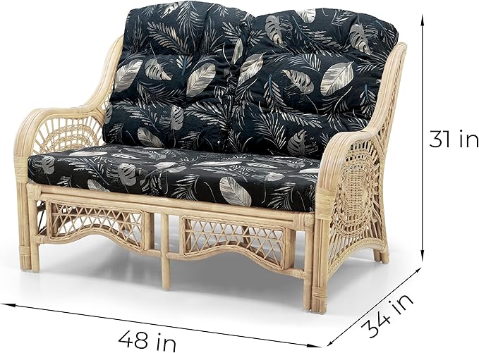 Malibu Lounge Loveseat Sofa Natural Rattan Wicker Handmade Design Natural Color with Black Leaf Cushions