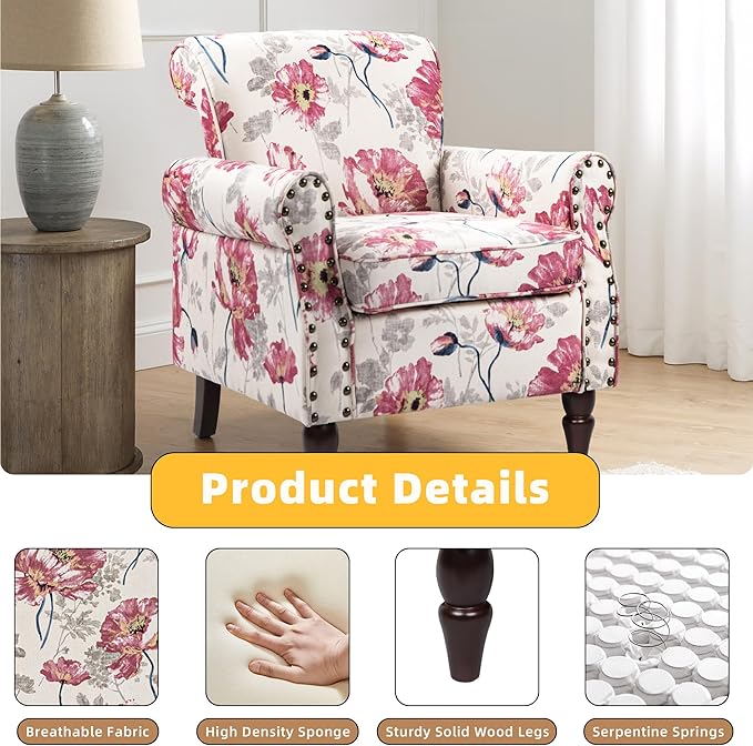 Wingback Accent Chairs Set of 2 Mid-Century Modern Upholstered Armchair Living Room Chair with Nailhead Trim &amp Rolled Armrest Floral Pattern Reading Chair Single Sofa Chair for Bedroom Plants W