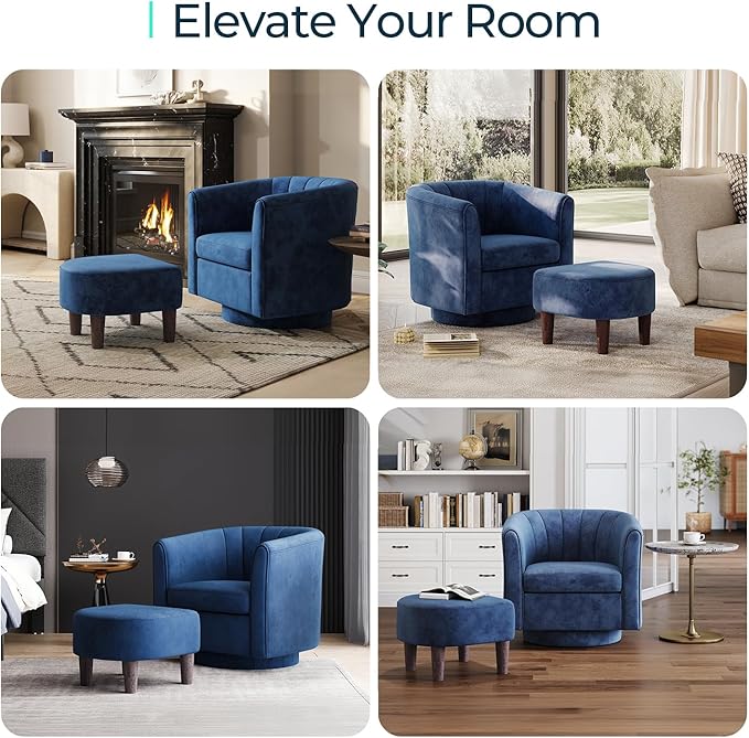 LINSY Swivel Accent Chair with Ottoman: Small Velvet Barrel Chair 360 Swivel Modern Armchair Upholstered Reading Chair with Footrest for Living Room Bedroom Study Room (Blue)