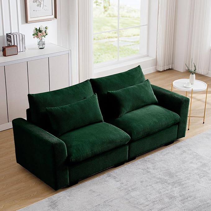 Oversized Modular Sectional Sofa 86 Inch Loveseat Sofa Corduroy Deep Seat Comfy Couch with Waist Pillow for Living Room Apartment Green