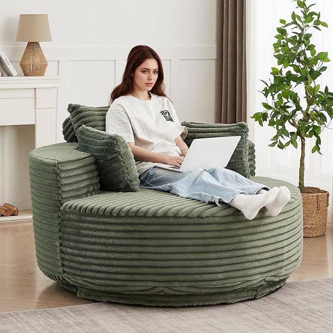 55 inch 360° Swivel Accent Chair Chaise Lounge Chair Indoor Oversized Round Swivel Accent Chair Modern Corduroy Single Sofa Chair Deep Seat Chair for Living Room Bedroom Apartment Green