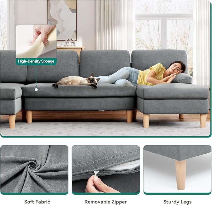 YITAHOME 109 U-Shaped Couch 4-Seat Cloud Sofa with Dual Chaise Lounges Storage Armrest Cup Holder &amp Thick Cushions for Living Room