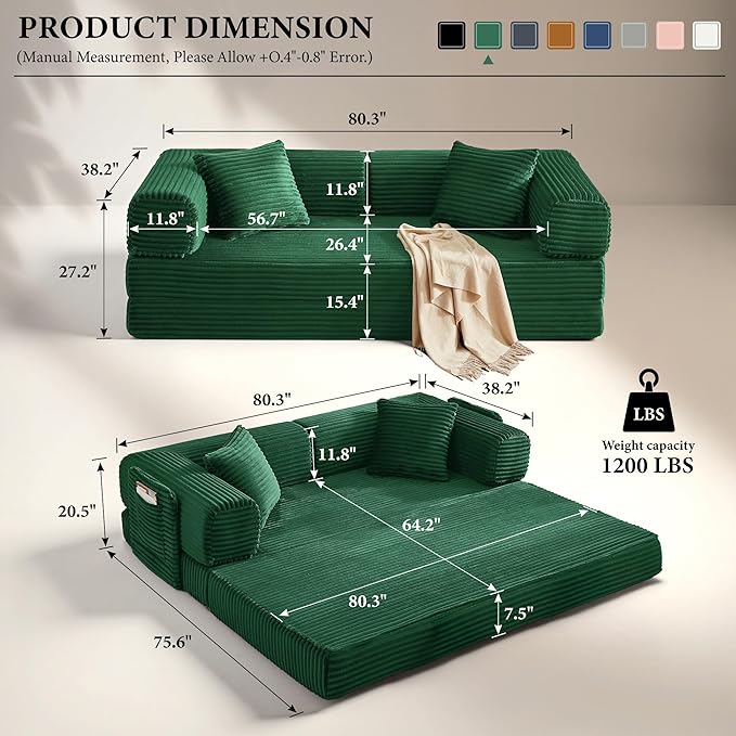 Boneless Couch Folding Couches for Living Room Sofa Futon Sofa Bed with Sleeper Sofa Futon Couch with Fixed-Shape Oversized Corduroy Upholstered (Green 81 Inches)