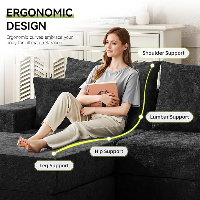 79 Boneless Loveseat Sofa Couch Modular Foldable Floor Cloud Sofa with Ottoman Lounge Convertible Sofa Bed for Living Room No Assembly Chenille Black