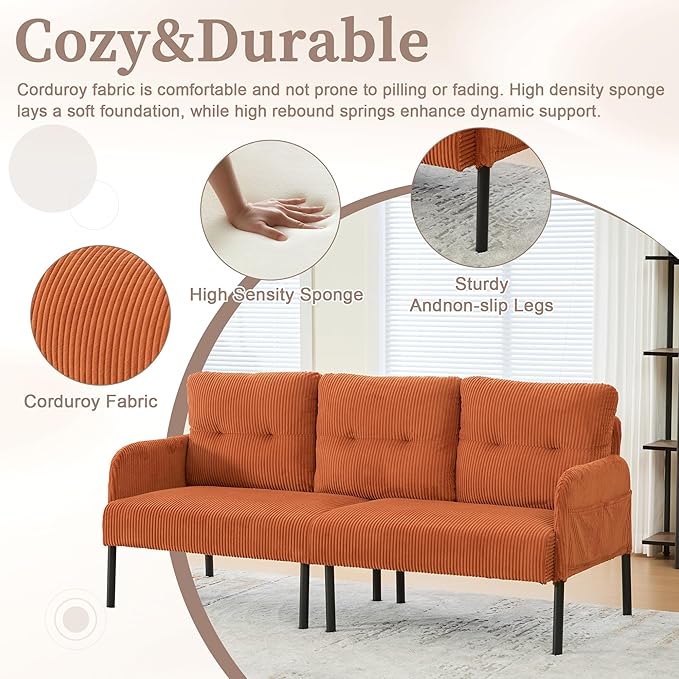 KEIKI 67 Corduroy Loveseat Sofa with Double Side Pockets &amp High Resilience Cushion Modern Style Upholstery Oversized 2-Seater Couch with Metal Legs Easy Assembly for Living Room Orange
