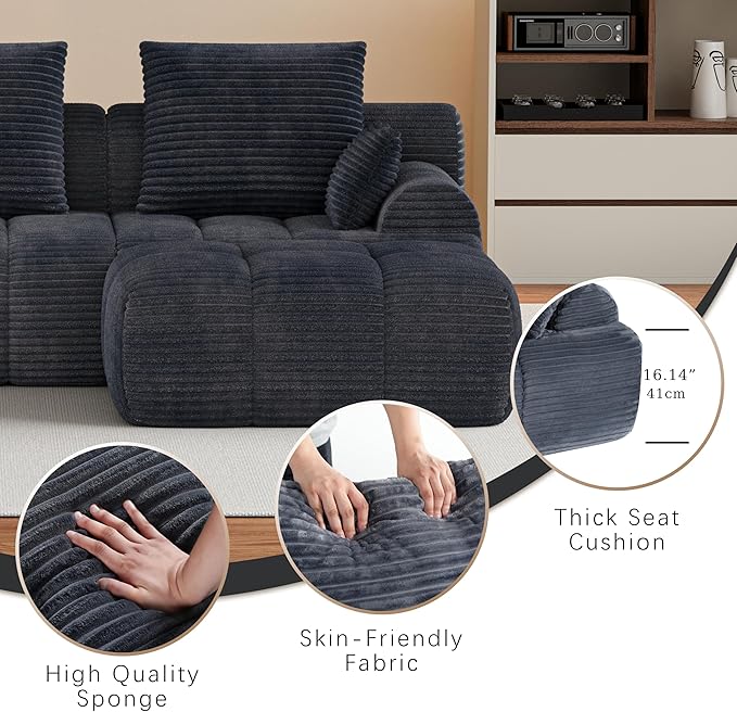 Corduroy L-Shaped Compressed Boneless Sectional Sofa with Ottoman - Retro Soft Upholstered Modular Couch for Living Room &amp Small Apartment Cloud-Like Contouring Seating(Dark Gray)