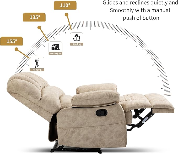 Luxlen Large Manual Recliner ChairSoft Fabric Push Back Recliner with Overstuffed Armrest and Backrest Living Room Single Sofa ReclinersBeige