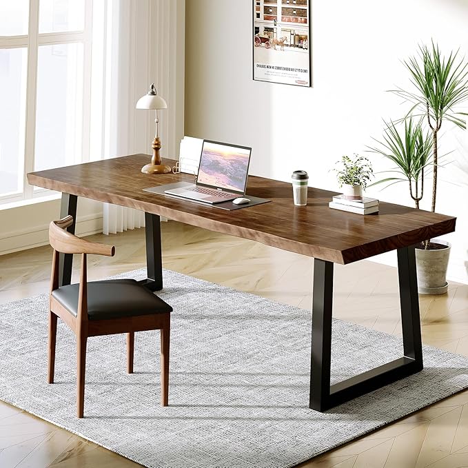 Solid Wood Desk 55 inches Home Office Computer Desk Wooden Rustic Writing Desk Metal Modern Simple Design Executive Real Wood Desk(Dark Brown)