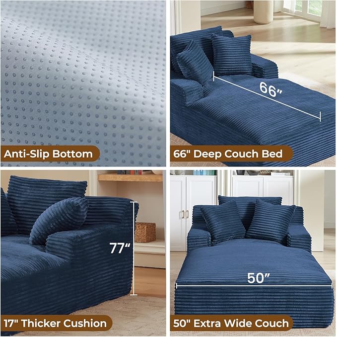 Avenix 79” Oversized Chaise Lounge Chairs Indoor Corduroy Boneless Chaise Lounges Chairs Indoor Deep Seat Big Comfy Reading Chair Cloud Sleeper Chair Sofa Couch Bed for Living Room Blue