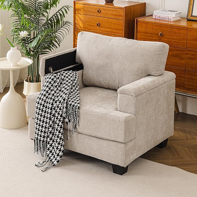Oversized Accent Chair with Armrest OrganizerComfy Living Room Chairs with Thick CushionUpholstered Linen Fabric ArmchairBig Reading ChairSofa Chair for BedroomKhaki