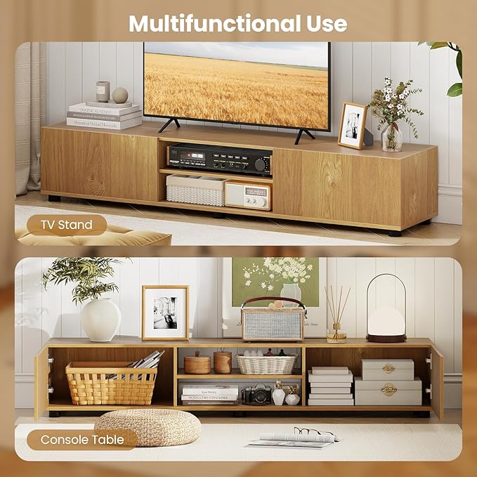 Tangkula Modern TV Stand for up to 70” TVs 63”L Minimalist Entertainment Center w/ 2 Doors &amp Open Shelves Media Console Table Storage Cabinet with 6 Support Feet for Living Room (Natural 63”L)