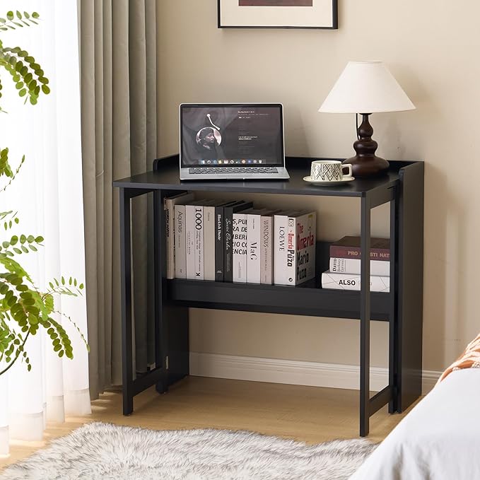 KEIKI 32.6 Folding Table with Storage Shelf Foldable Computer Desk for Small Spaces Space-Saving Study Table for Bedroom Home Office Dorm and Apartment Black