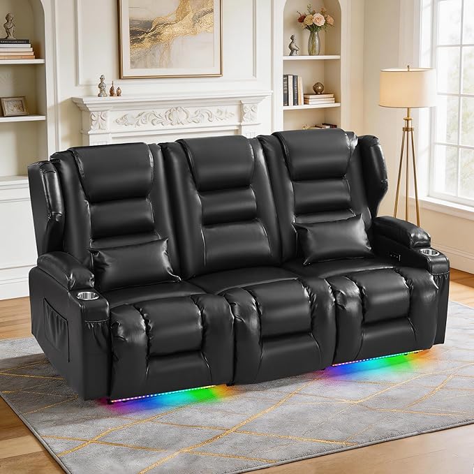 SAMERY Loveseat Recliner Sofa Power Reclining Loveseat Sofa Wall Hugger Recliners RV Couch with Flip-Backrest Solid Wood Top Ambient LED Lights USB-C Outlets Faux Leather Black | Extra Wide Se