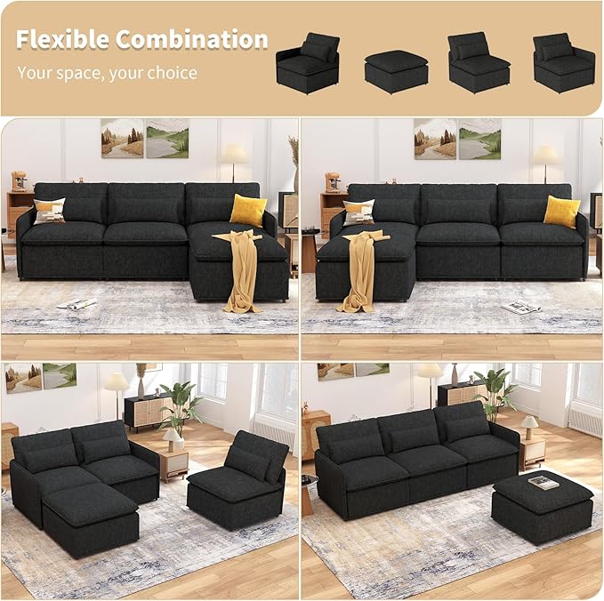 L Shaped Sectional Couch 94.5 Sectional Cloud Couch for Living RoomFluffy Modular Sofa with Textured Corduroy3 Seaters with OttomanPet-Friendly Comfy Modern Deep Seat Sofa SetDark Gray