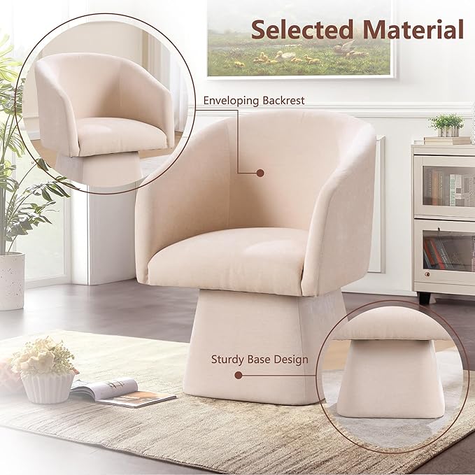 Swivel Modern Accent ChairLuxury Fabric Upholstered Makeup Chair Comfy Barrel Chair with No Wheels360°Rotating Vanity Armchair for Living Room Bedroom Office (WhiteSet of 2)