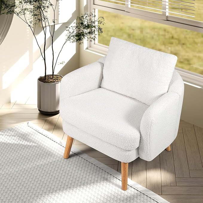 GOFLAME Sherpa Accent Chair Modern Single Sofa Armchair with Seat Cushion &amp Removable Pillow Upholstered Living Room Chair with Rubber Wood Legs Comfy Reading Chair for Bedroom Office White