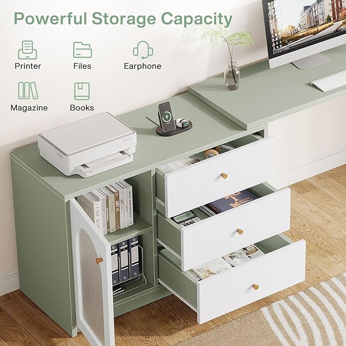 Tribesigns L-Shaped Computer Desk with Drawers Modern Corner Home Office Desk with Reversible Storage Cabinet Long Study Writing Desk Workstation for Home Office Cyan &amp White