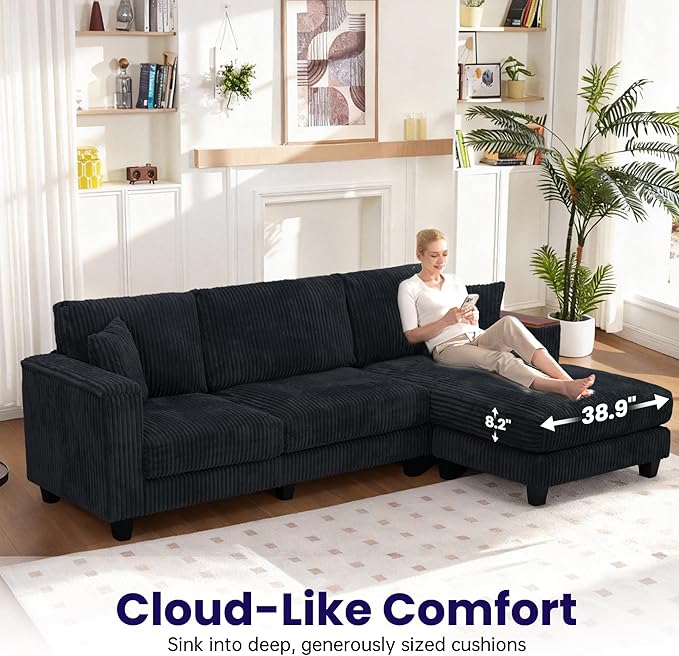 114 Cloud Sectional Couch with L-Shape Reversible Chaise Modern Corduroy L Shaped Couch with 2 Pillows &amp Storage Armrests 4 Seater Sectional Couches for Living Room Plush Corduroy Black