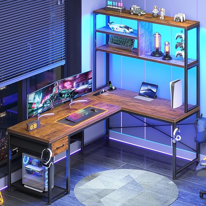 SEDETA L Shaped Gaming Desk 51.2 Reversible Small Corner Desk with Drawer Power Outlet &amp LED Lights Computer Desk with Storage Shelves for Small Space Rustic Brown