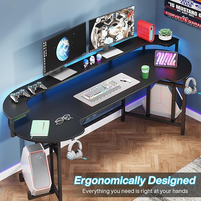 LITTLE TREE LED Gaming Desk with Monitor Shelf Carbon Fiber Surface Gaming Table Gamer Workstation for Home Office Black