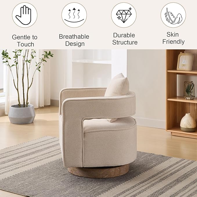 Swivel Accent Chairs Set of 2 Upholstered 360° Round Barrel Arm Chair with Open Back &amp Wood Base Comfy Linen Blend Square Single Club Chair for Living Room Bedroom Office Hotel Reception (Beige)