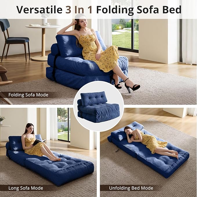 Folding Sofa Bed Convertible Sleeper Chair with Pillow Foldable Mattress with Back Support Portable Floor Sofa Lounge for Living Room Bedroom Dorm