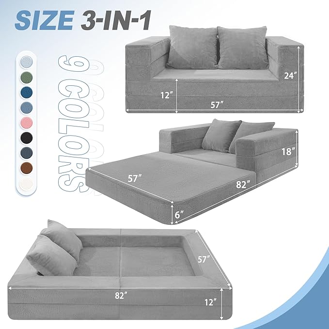 Futon Sofa Bed with Pillow 3-in-1 Sleeper Sofa Bed with Removable Cover Convertible Floor Sofa Bed No Assembly Boneless Couch for Living Room Bedroom