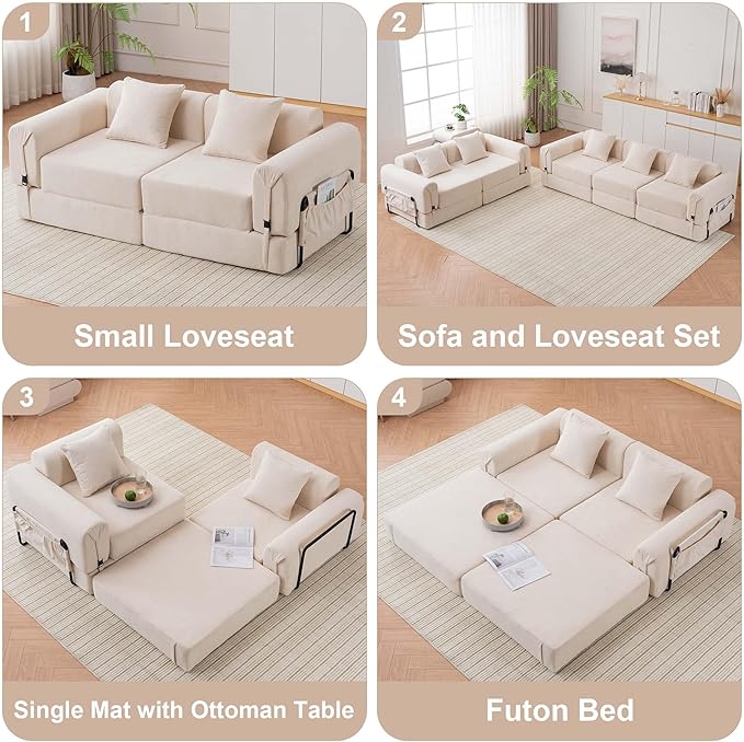 Cloud Modular Sectional Sofa Foldable Floor Couch Bed Convertible Sleeper Sofa Bed Fold Out Boneless Couches for Living Room Office Guest Room Apartment (Loveseat Beige)