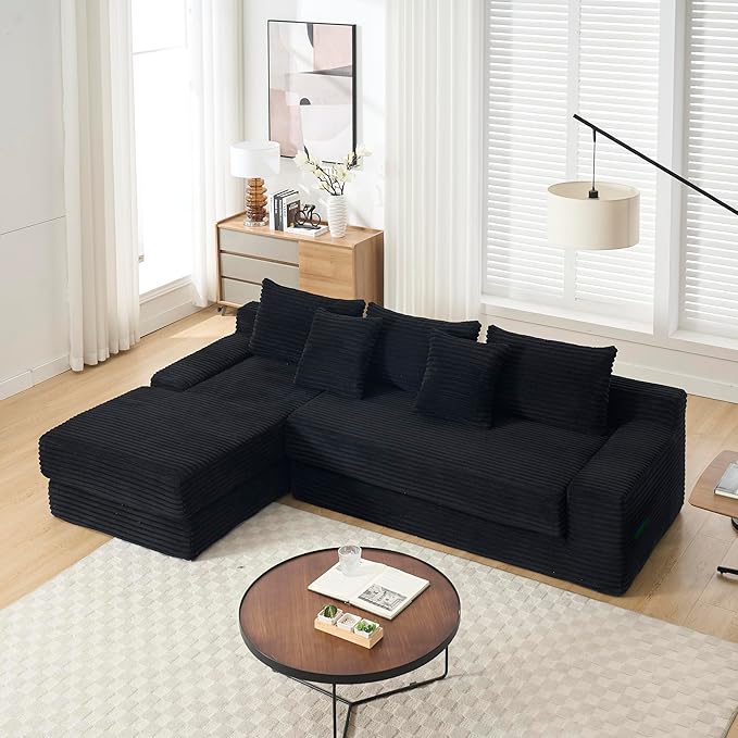 ‌104 3-Seater L-Shaped Modular Sectional Sofa with Chaise Convertible Sleeper Sofa Bed with Memory Foam &amp Floor Couch Comfy Corduroy Deep Seat Couch for Living Room No Assembly RequiredBlack