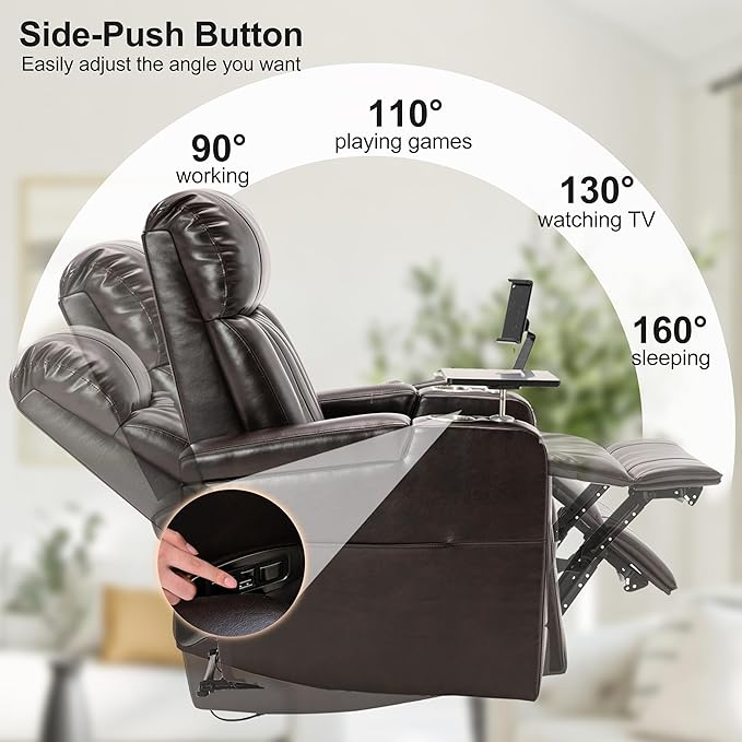Leather Power Recliner Chair Electric PU Recliner with Hidden Arm Storage USB Charging Port 2 Cup Holders Tray Table Phone Stand for Home Theater